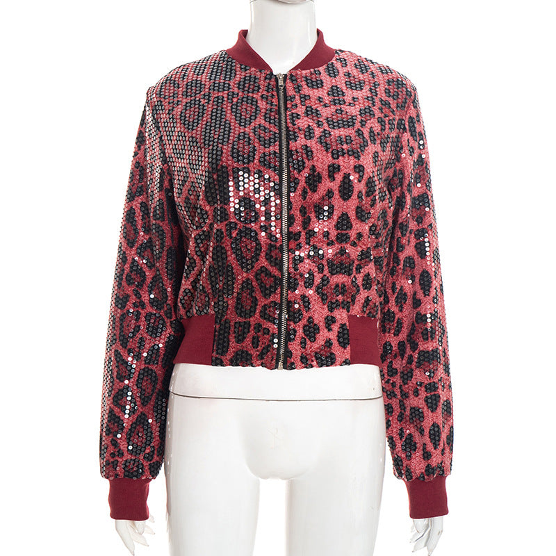 Womens Fashionable Sequined Waist-Cinching Zip-Up Jacket Coat