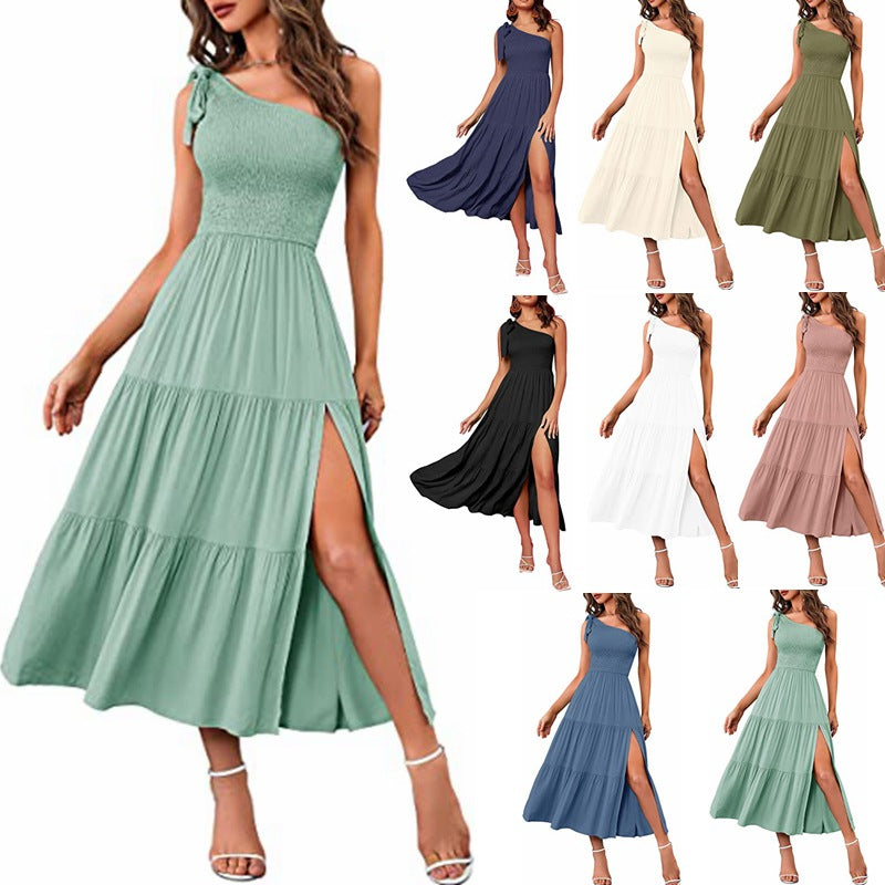 Women one shoulder split dress in various colors with pleated design and side slit, perfect for summer fashion.