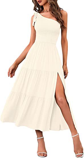 Women One Shoulder Split Dress | Elegant off-shoulder summer pleated fashion dress with a side slit.