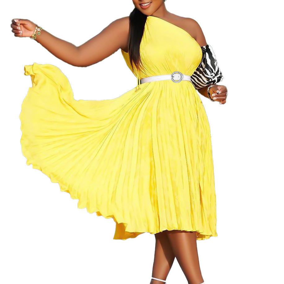 Womens Solid-Colored Pleated Maxi-Skirt Casual Dress