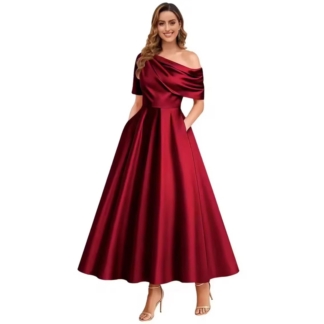 New Elegant And Sophisticated Satin Off-Shoulder Solid Color Dress