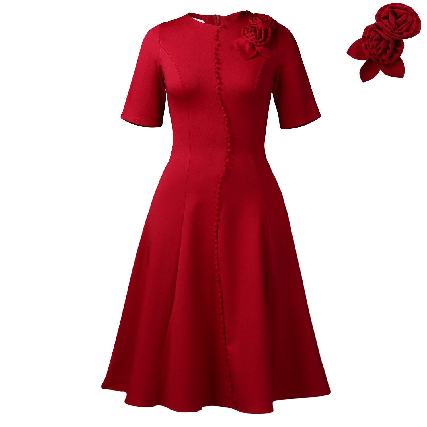 Women's Solid-Color Crew-Neck Elegant Dress