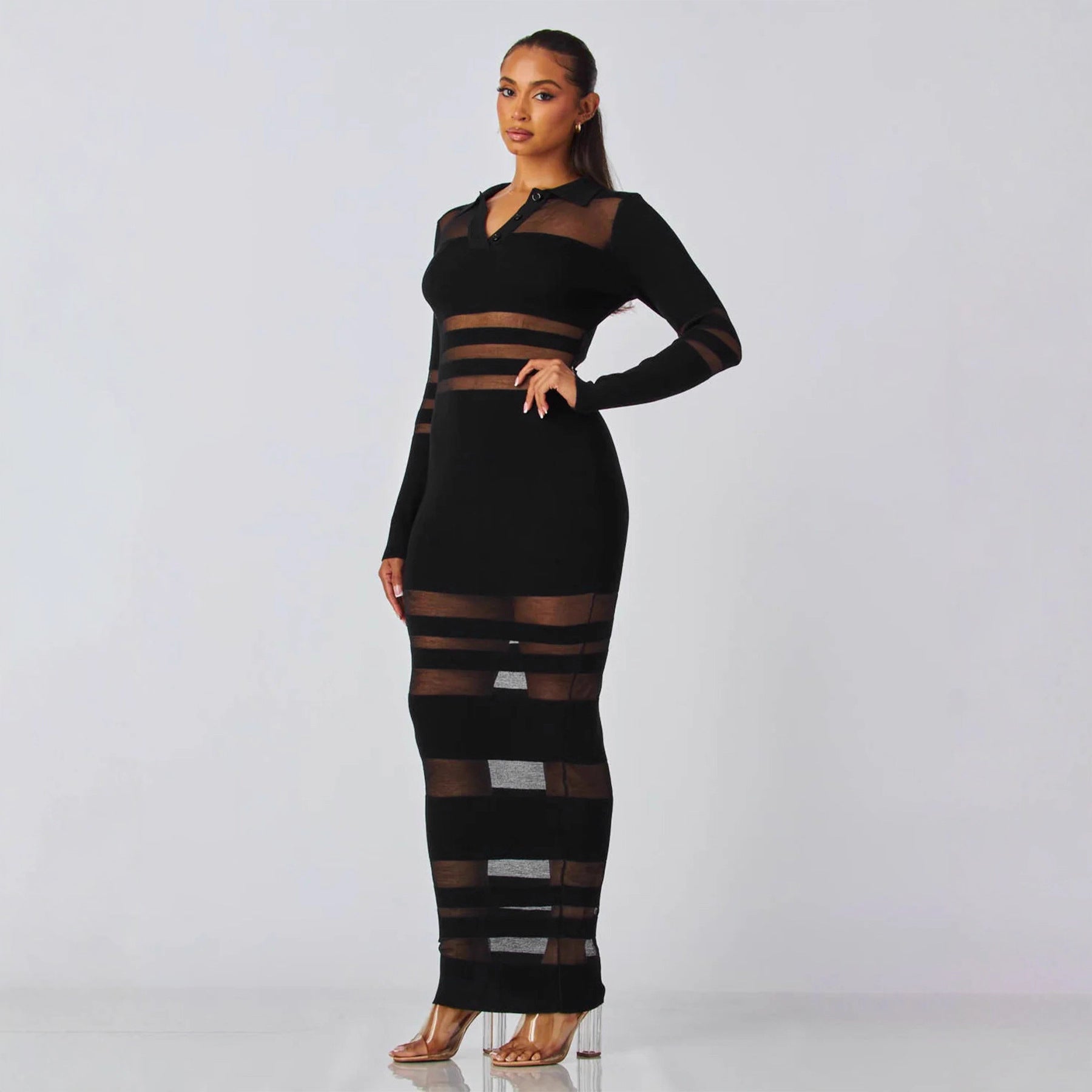 Mesh-Panel Autumn Winter Slim-Fit Sheath Dress With Defined Waist For A Slimmer Look