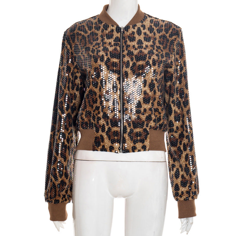 Womens Fashionable Sequined Waist-Cinching Zip-Up Jacket Coat