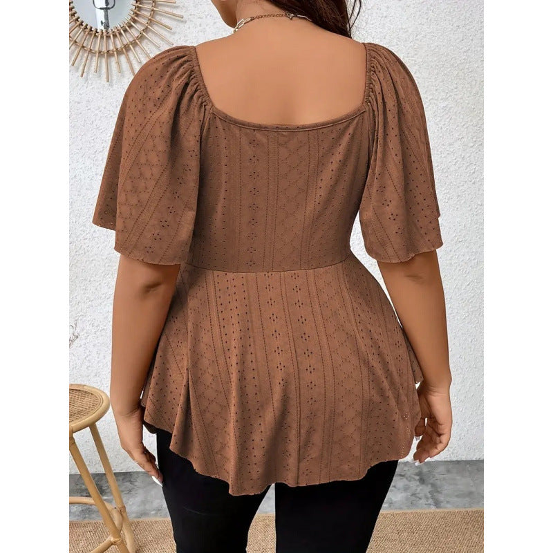 V-neck Drawstring-waist Sexy Short-sleeve Solid-color T-shirt