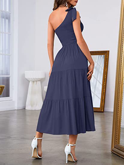 Women One Shoulder Split Dress showcasing elegant back design and pleated detail in stylish navy color.