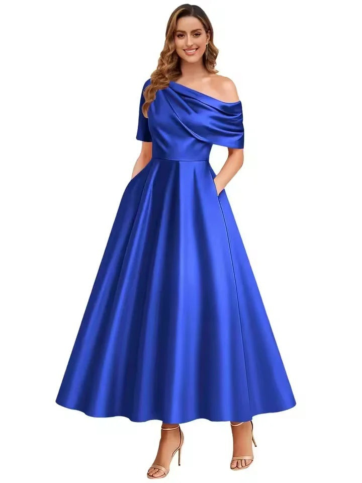 New Elegant And Sophisticated Satin Off-Shoulder Solid Color Dress