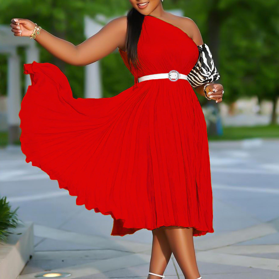 Womens Solid-Colored Pleated Maxi-Skirt Casual Dress