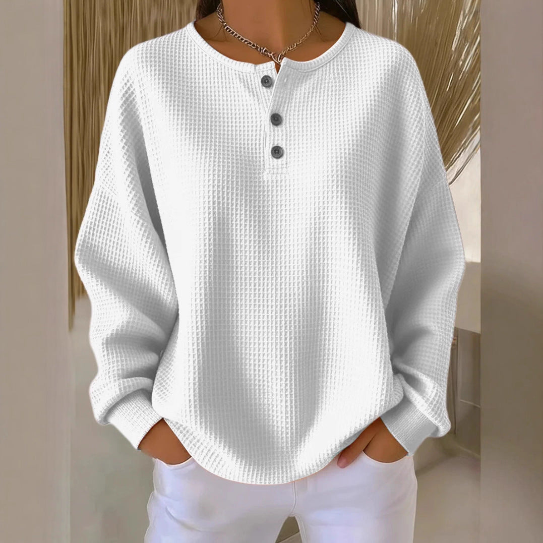 Ins Waffle Long-sleeved T-shirt Fashion Solid Color Buttons Round Neck Pullover Top Women's Clothing